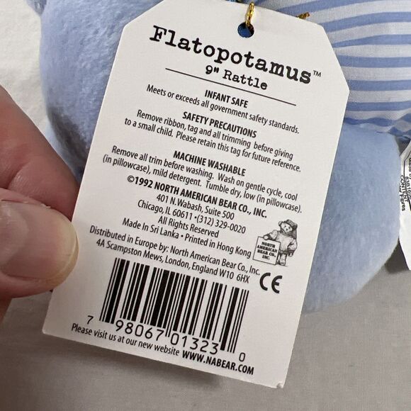 North American Bear Co 9” Rattle Flatopotamus Blue Hippo Plush 1992 NEW with TAG - Picture 5 of 7